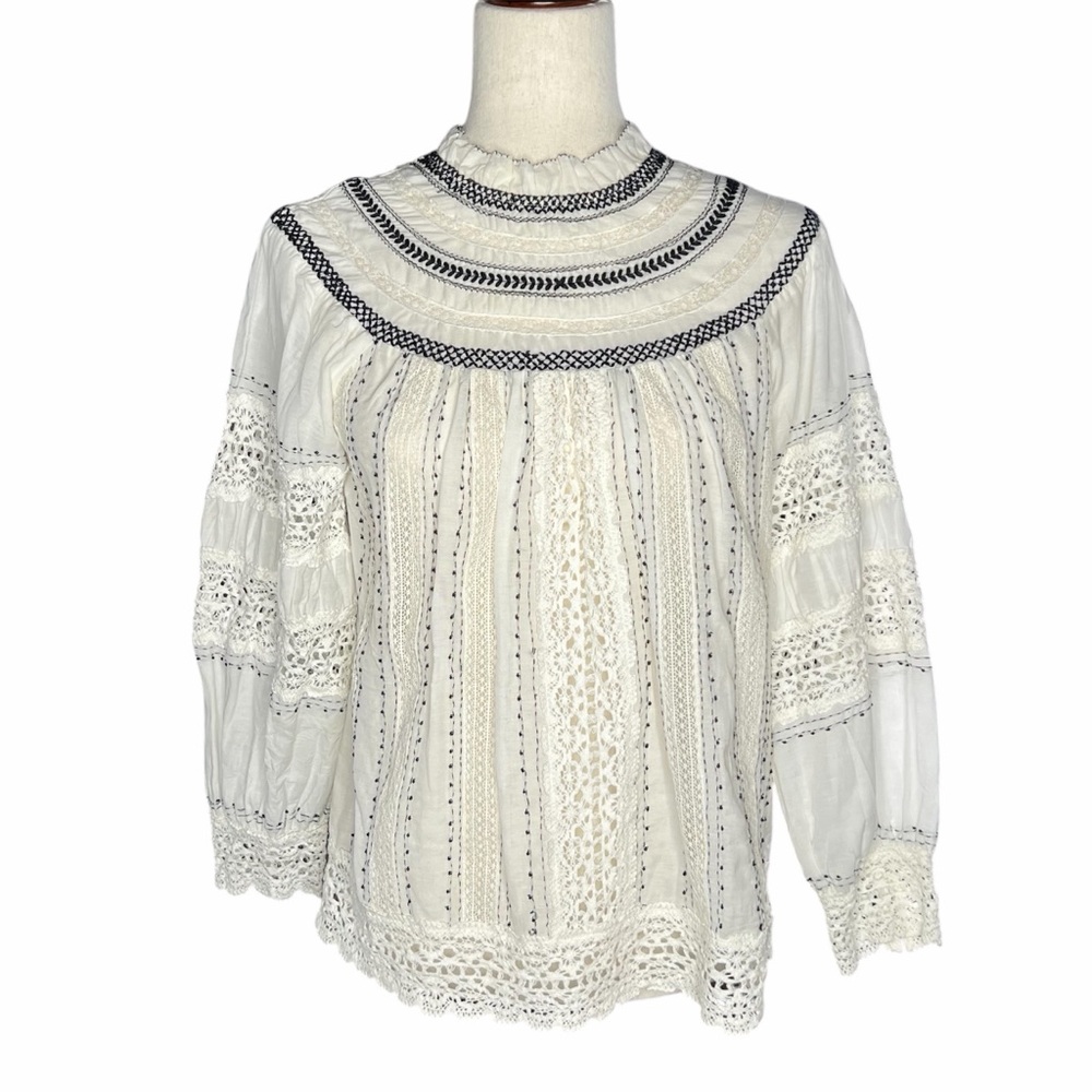 Sea New York Embroidered Blouse Size 4 Crochet Beaded Shirt Light Airy